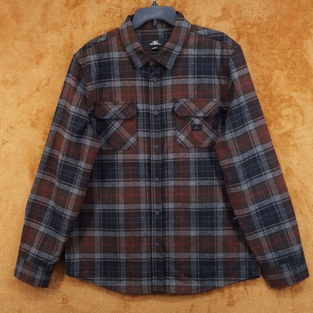 O'NEIL Button Shirt Mens XL Grey Red Plaid DUNE FLANNEL Chest Pocket Heavyweight
